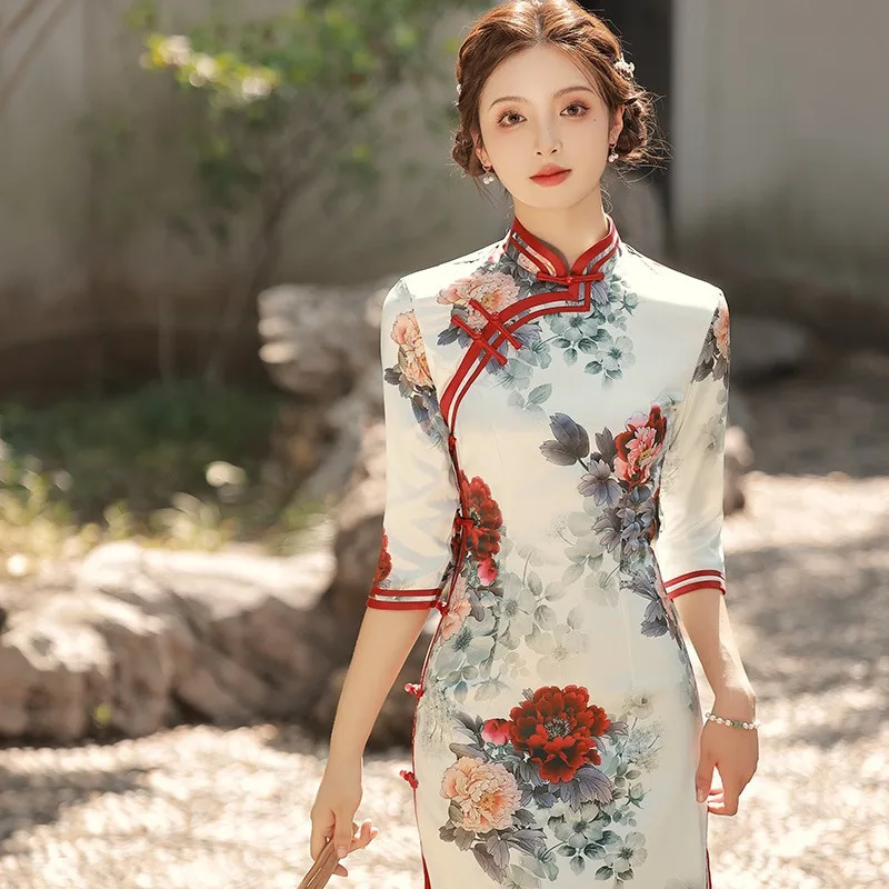 Improved New Cheongsam Autumn Women's Three-Quarter Sleeve Elegant Warlord Lady Dress Long Traditional