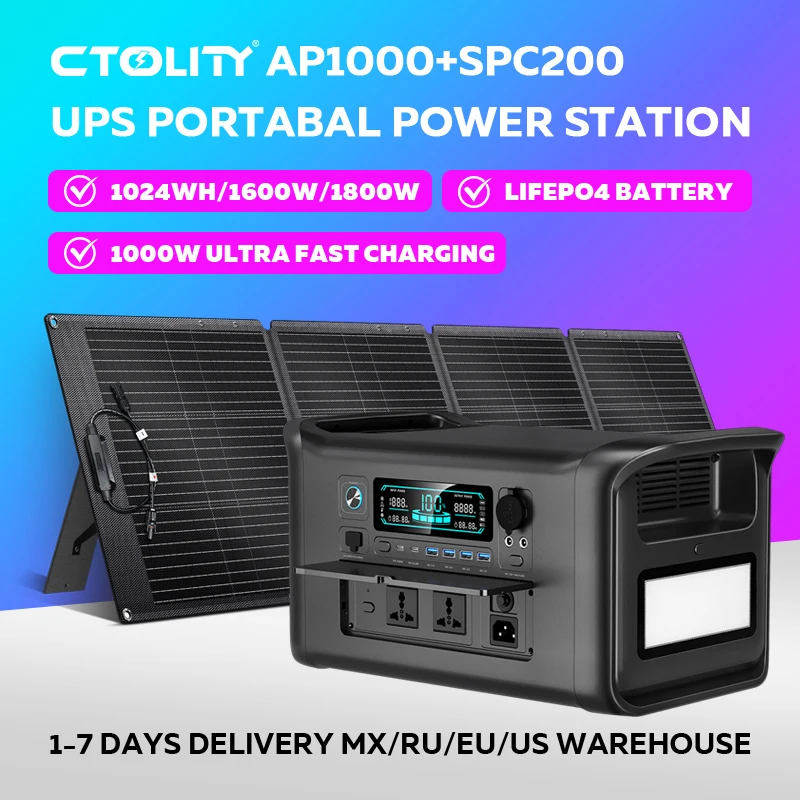 

Портативная электростанция CTOLITY AP1000 1800 Вт, аккумуляторы Lifepo4 с солнечной панелью SPC200, складная солнечная зарядная панель для кемпинга