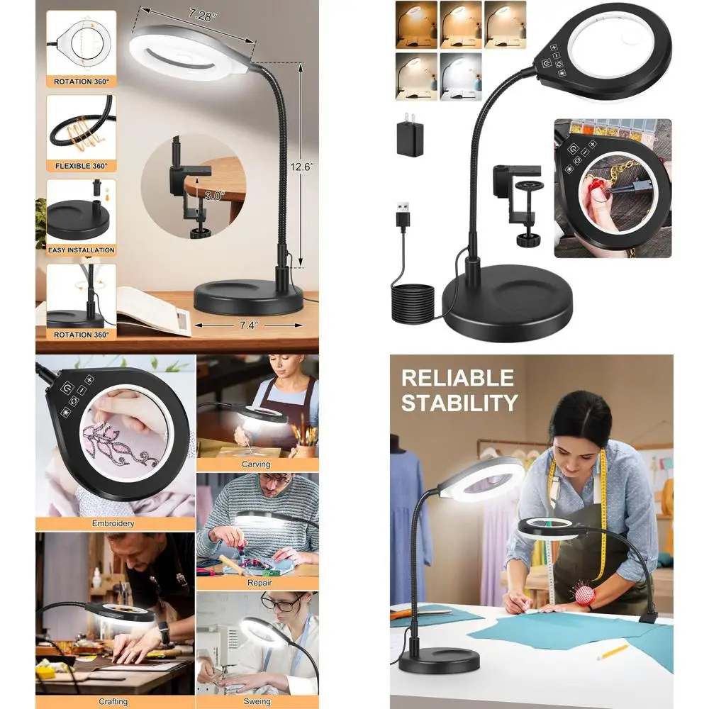 

Регулируемая светодиодная лампа-лупа на гибкой стойке с 10x/5x стеклянными линзами, настольная лампа без помощи рук для искусства, чтения (белая)