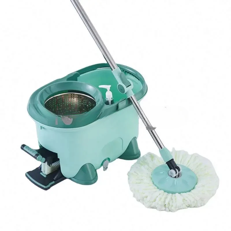 Cubo de fregona y fregona con rotación mágica 360 para el hogar, con ruedas, cesta de secado de acero inoxidable y fregona de microfibra fácil de limpiar