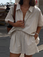 Vacation Striped Lace Up Women Shorts Suit Casual Lapel Half Sleeve Single Breasted Shirt Loose Short Pants 2025 Summer Lady Set