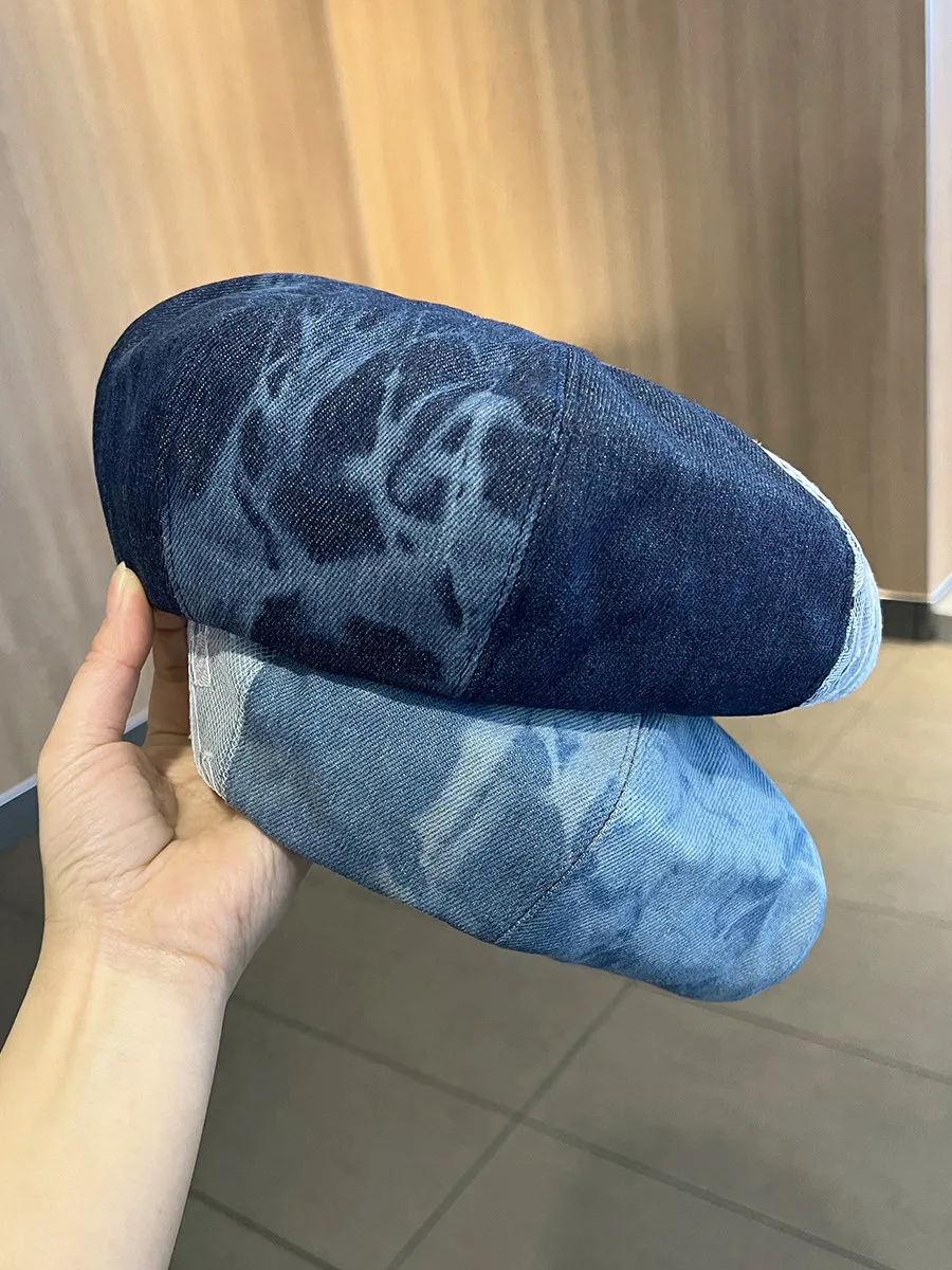 Womens Lace Splicing Denim Beret Hat Vintage Octagonal Painter Cap Spring Autumn Face Slimming Fashion Headwear Fits 54 To 58 Cm