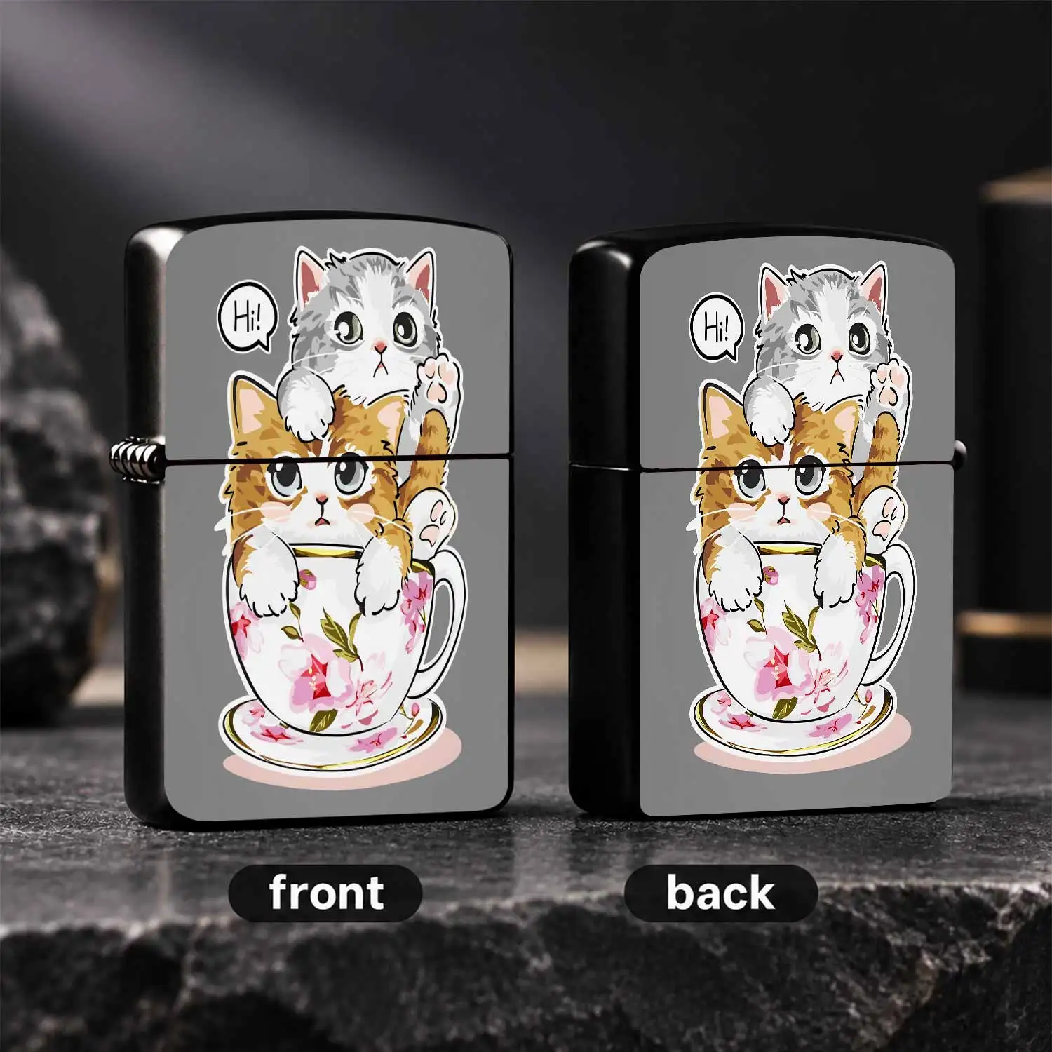 Cute Teacup Kitten Pattern Lighter, Adorable Two Playful Cats Print Portable Ignition Accessory, Delicate Floral Design Practical Daily Use Item, Ideal Sweet Present For Friends Family For Various Occasions A Humorous And Interesting Lighte