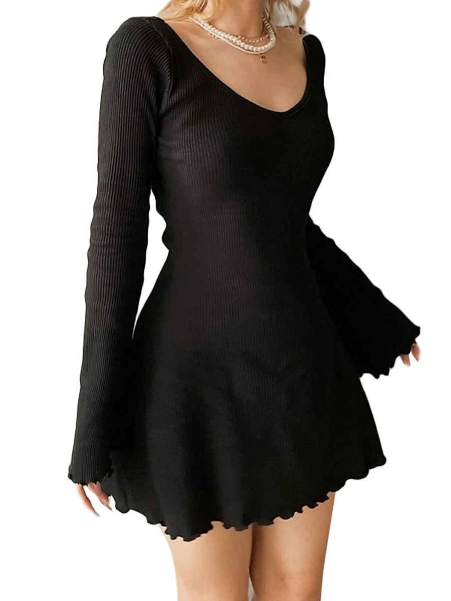 Women Solid Color Ribbed Long Sleeve V-Neck Slim Fit Party Mini Dress Fashion Spring Autumn Slim A-Line Dress