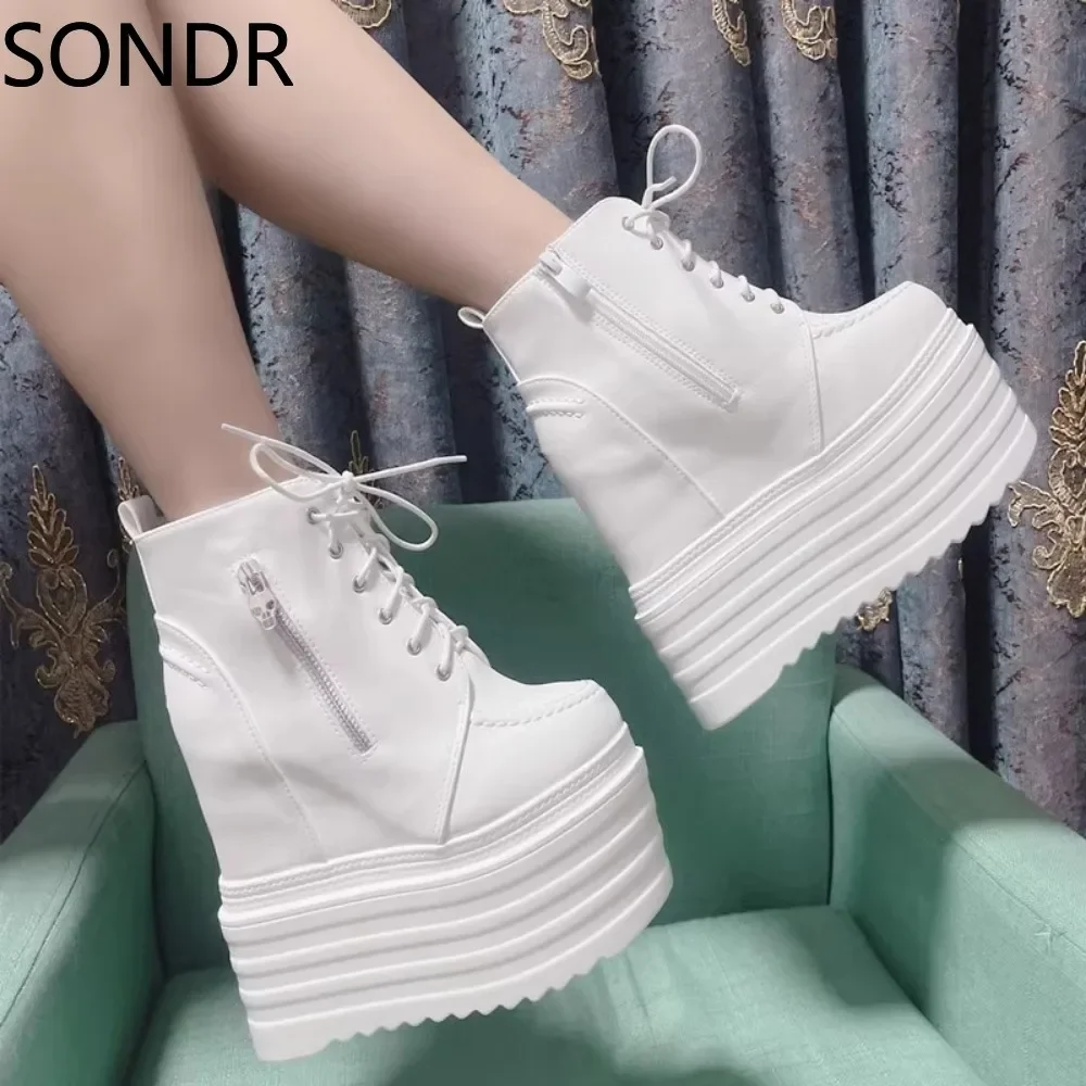 Womens Round Toe Platform Sneakers PU Wedge 15CM High Heel Lace Up Skull Zipper White Shoes Black   New 2024