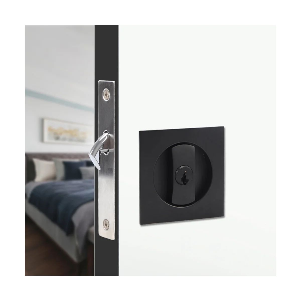 Pocket Door Lock Black Door Hardware Anti-Theft Lock Contemporary Privacy Square Door Lock Sliding Door Lock with Keys