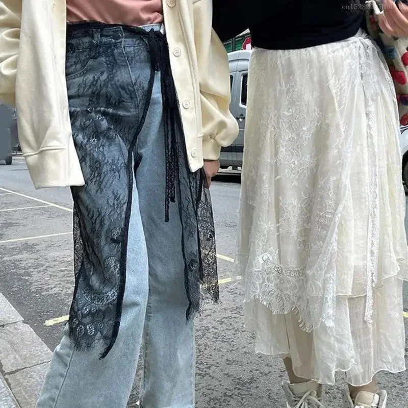 

Women Aesthetic Flower Pattern Eyelash Lace Layering Apron Skirt Vintage Tie Up See Through Hip Covering Skirt Overskirt