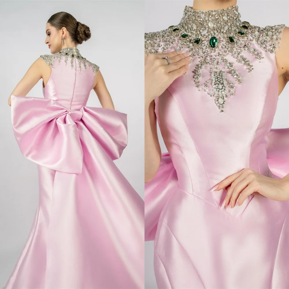 

Customized Luxury Pink Satin Evening Dress Exquisite High Collar Sleeveless Homecoming Dresses Bow Special Occasion Gowns