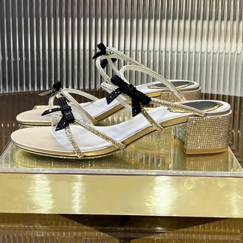 

Dress Shoes Open Toe Thin Band Design Square Heels Sandals Women's Butterfly-knot Rhinestone Decor Slippers Summer Party Pumps