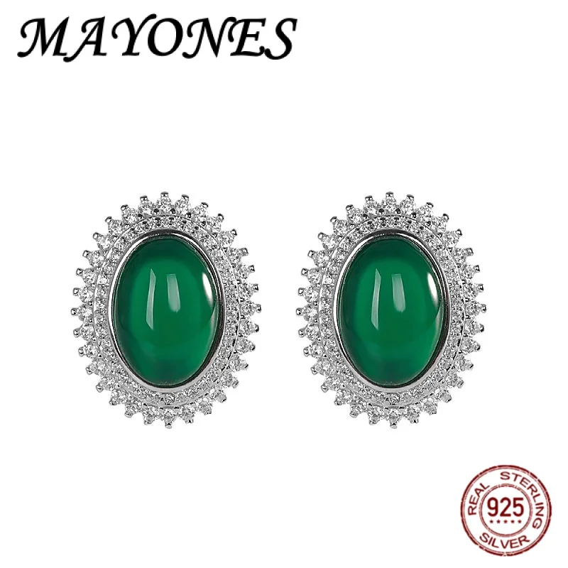 

Модные и роскошные серьги из серебра 925 пробы с натуральным зеленым халцедоном, овальные серьги с темпераментом для женщин, изысканные