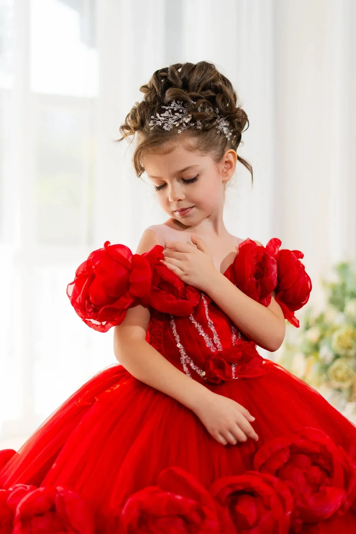 فستان فتاة الزهور من التول الأحمر مكشوف الأكتاف فستان فتاة الزهور أول عيد الميلاد لحفلات الزفاف الزي فساتين اطفال سيهرة بن