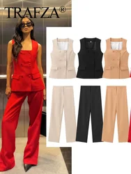 TRAFZA 2024 Female Chic Set Square Neck Sleeveless Double Breasted Waistcoat+Mid-Waist Slit Zipper Pant Summer Suit Woman Trendy