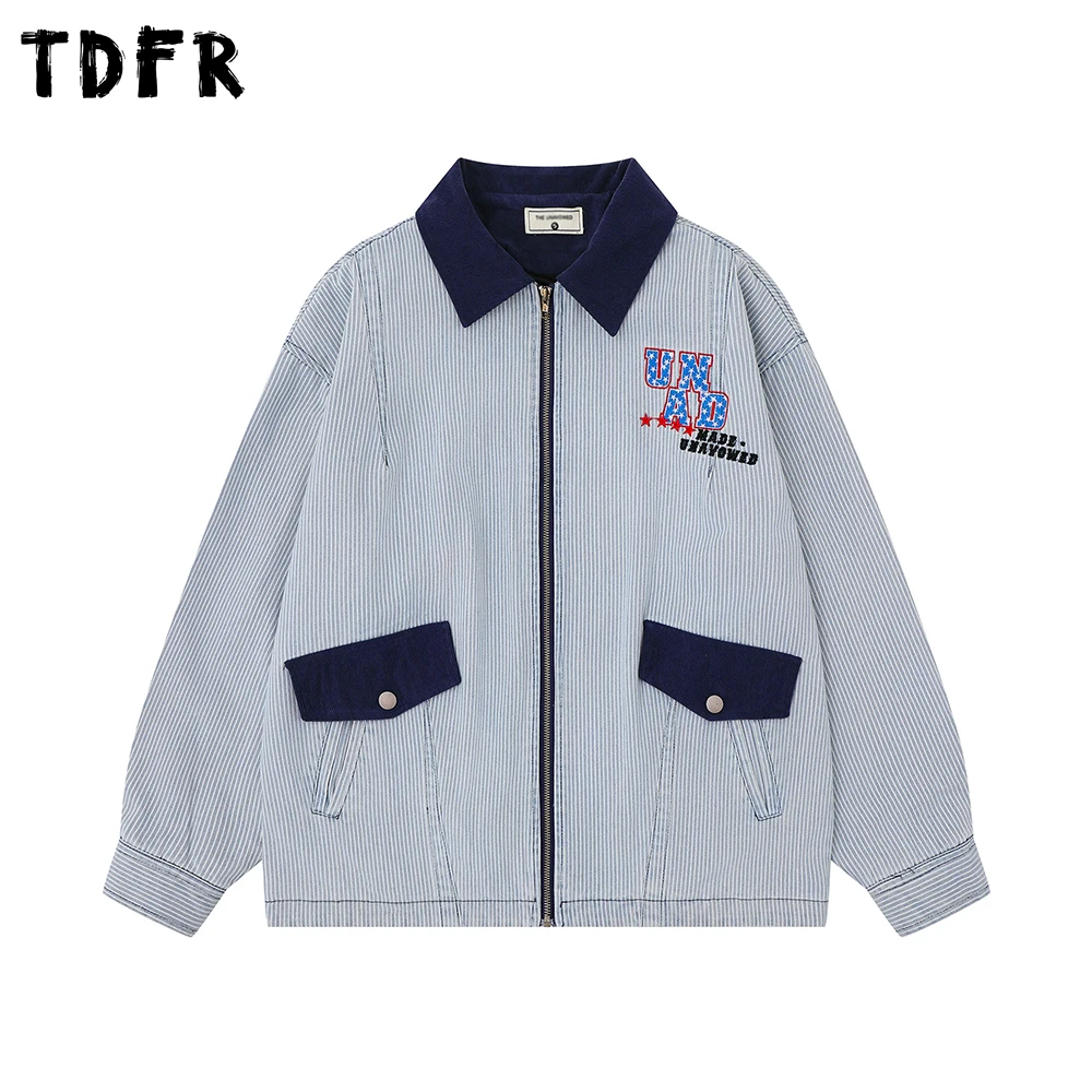 

Полосатая куртка с вышивкой букв, мужская повседневная куртка-карго с вышивкой букв в стиле ретро, повседневная мужская верхняя одежда-карго с длинными рукавами и лацканами