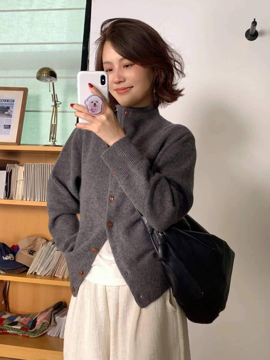 

Women's Full Wool Autumn Winter Open Cardigan Sweater Small Stand Collar Warm Thermal Long Sve Regular Fit Commute Sle