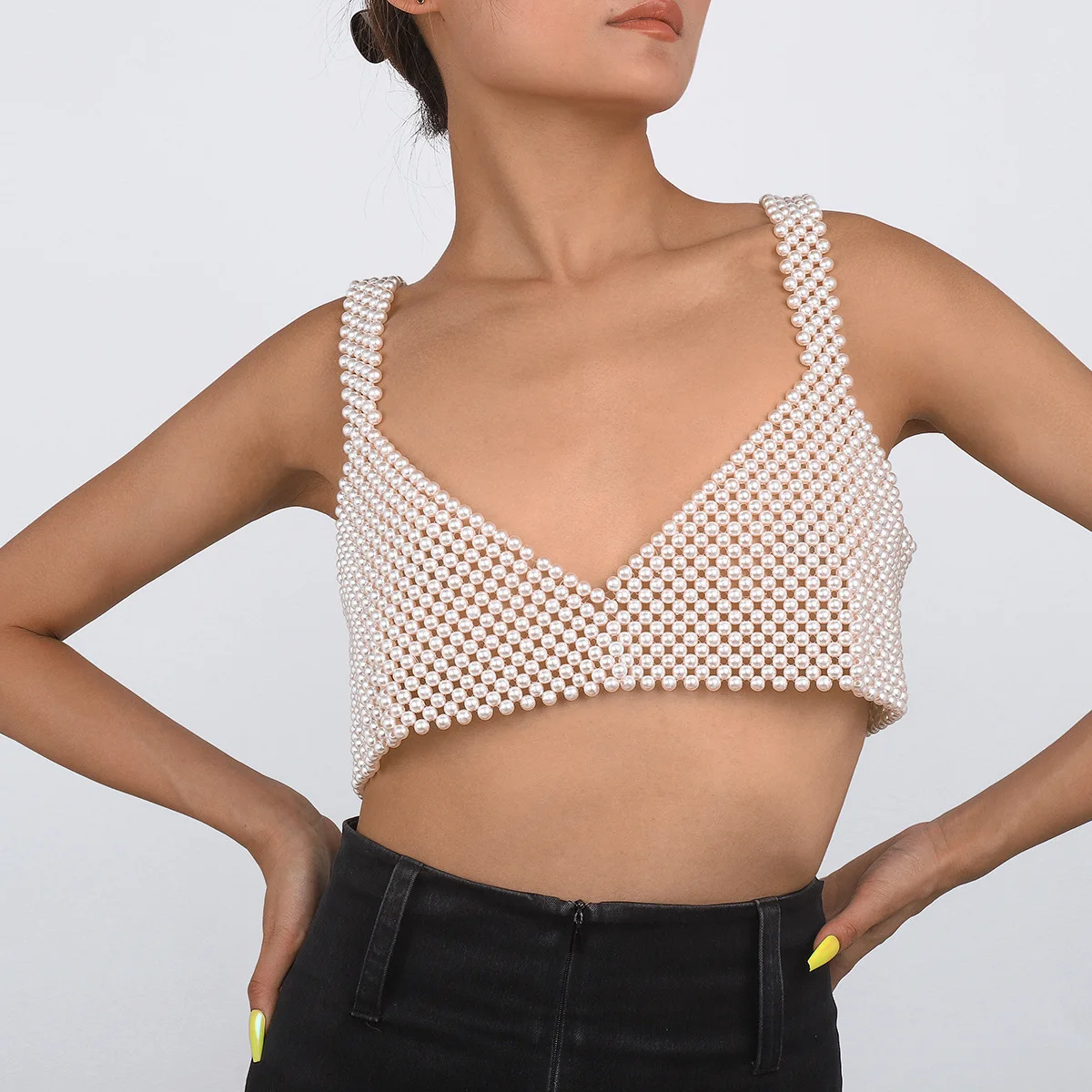 C0416 Fashion design pearl vest, street shot catwalk with the same tube top chain temperament geometric body chain