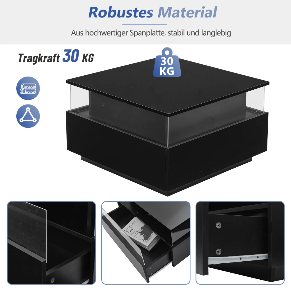 70 x 70 x 41 cm großer moderner Hochglanz-LED-Couchtisch mit 2 Schubladen und transparentem Präsentationsbereich, belastbar bis zu 30 kg – Detail 13