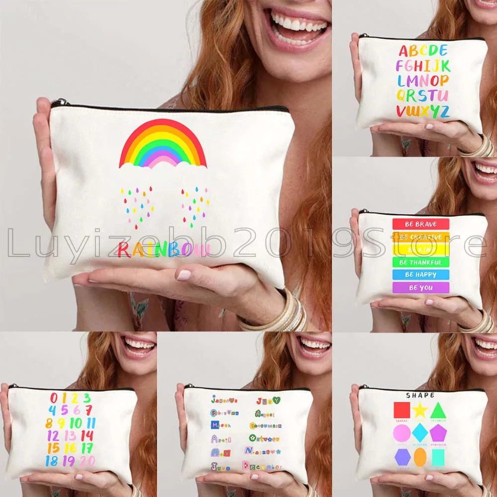 Colorful Number Months Shape Alphabet Rainbow Canvas Cosmetic Bag Makeup Toilet Bags Pencil Case Zipper Pouch Key Coin Purse