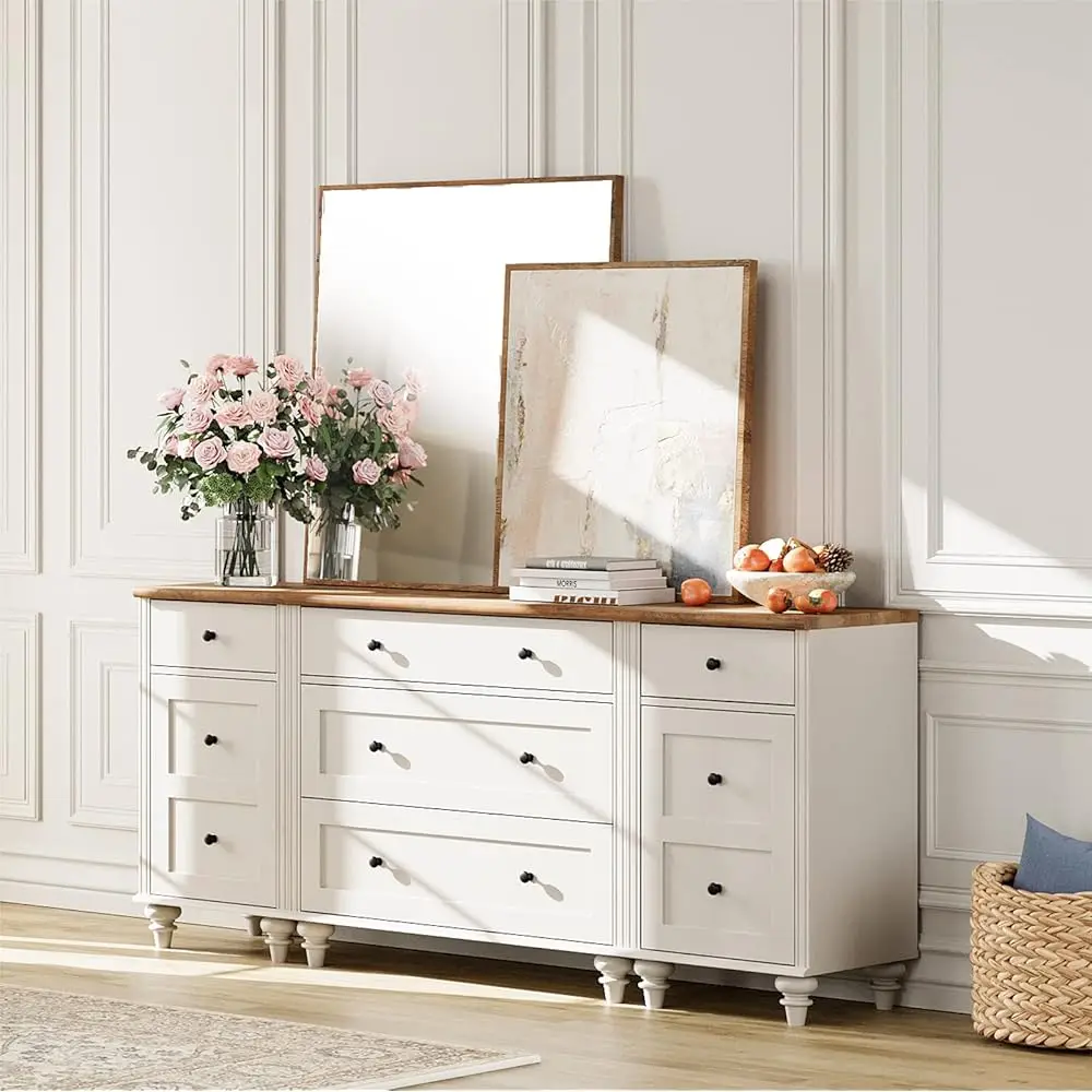 

Dresser For Bedroom With 5 Drawers And 2 Storage Cabinet, Nightstands With Charging Station For Living Room, Mid Modern Kids