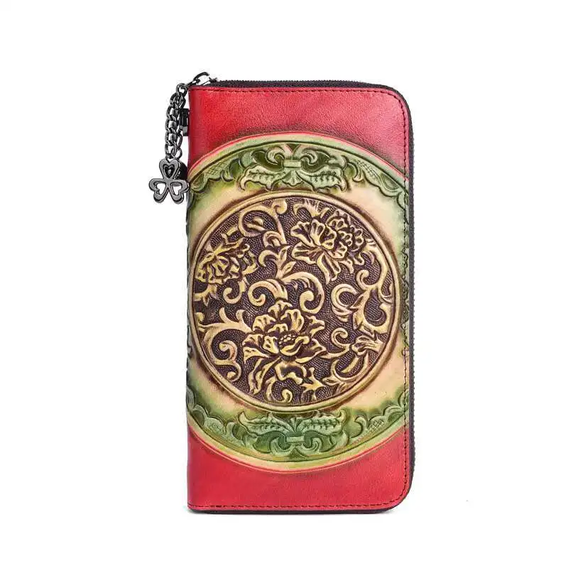 MOTAORA Women's Genuine Cow Leather Wallet – Long Embossed Ethnic Purse with Card Slots & Phone Pocket, Retro Handbag Gift