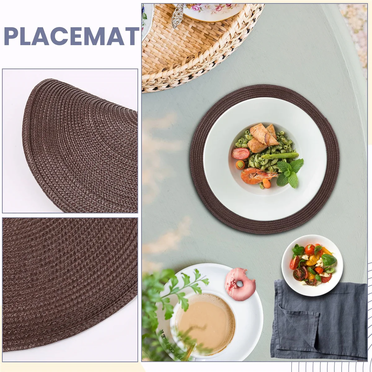 CHCH Round Braided Placemats Set of 6 Table Mats for Dining Tables Woven Washable Non-Slip Place Mats 15 Inch(Brown)