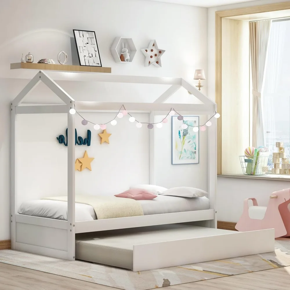 Cama de casa dupla Bellemave com rodízio, cama de casa Montessori com design de telhado, estrutura de sofá de madeira para crianças, meninos, meninas, wo resistente