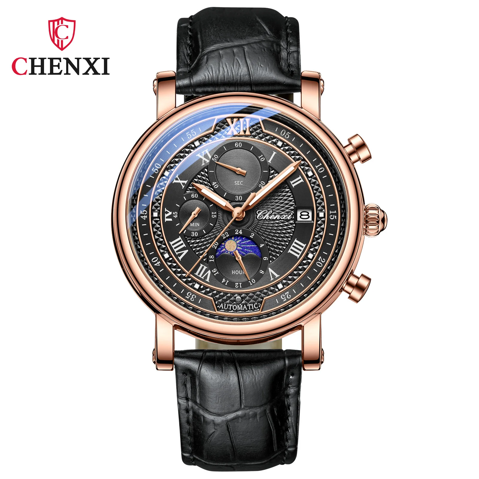 Chenxi 976 Leder Chronograph Datum Herrenuhr Mondphasenanzeige Business Leuchtende Quarzuhr Relojes Para Hombres