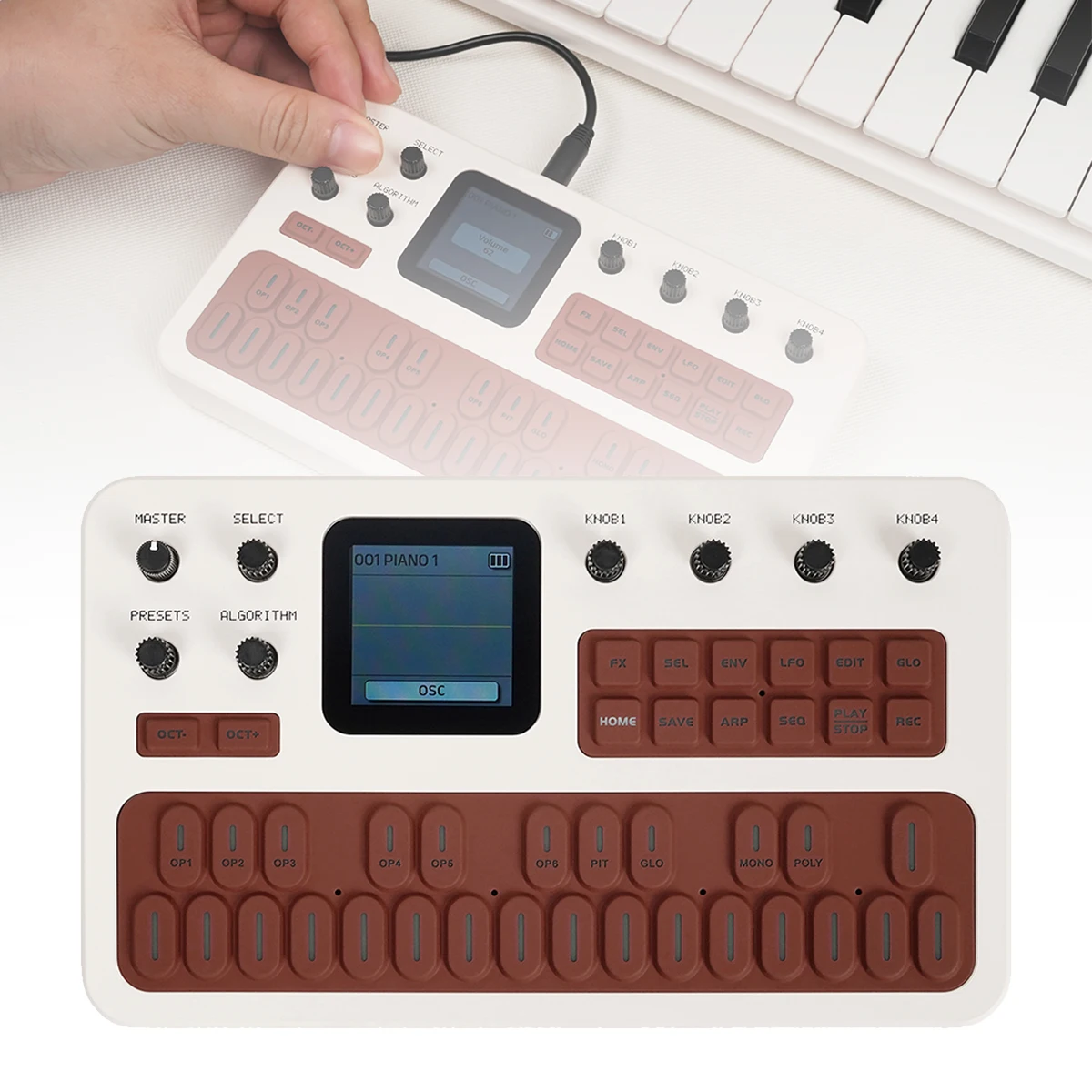 M-VAVE FM-1 (SK15) Brown-White Mini FM Synth – 27 Keys, 3-Channel MIDI (USB/Bluetooth/3.5mm), 12h Battery, TFT Display, Portable