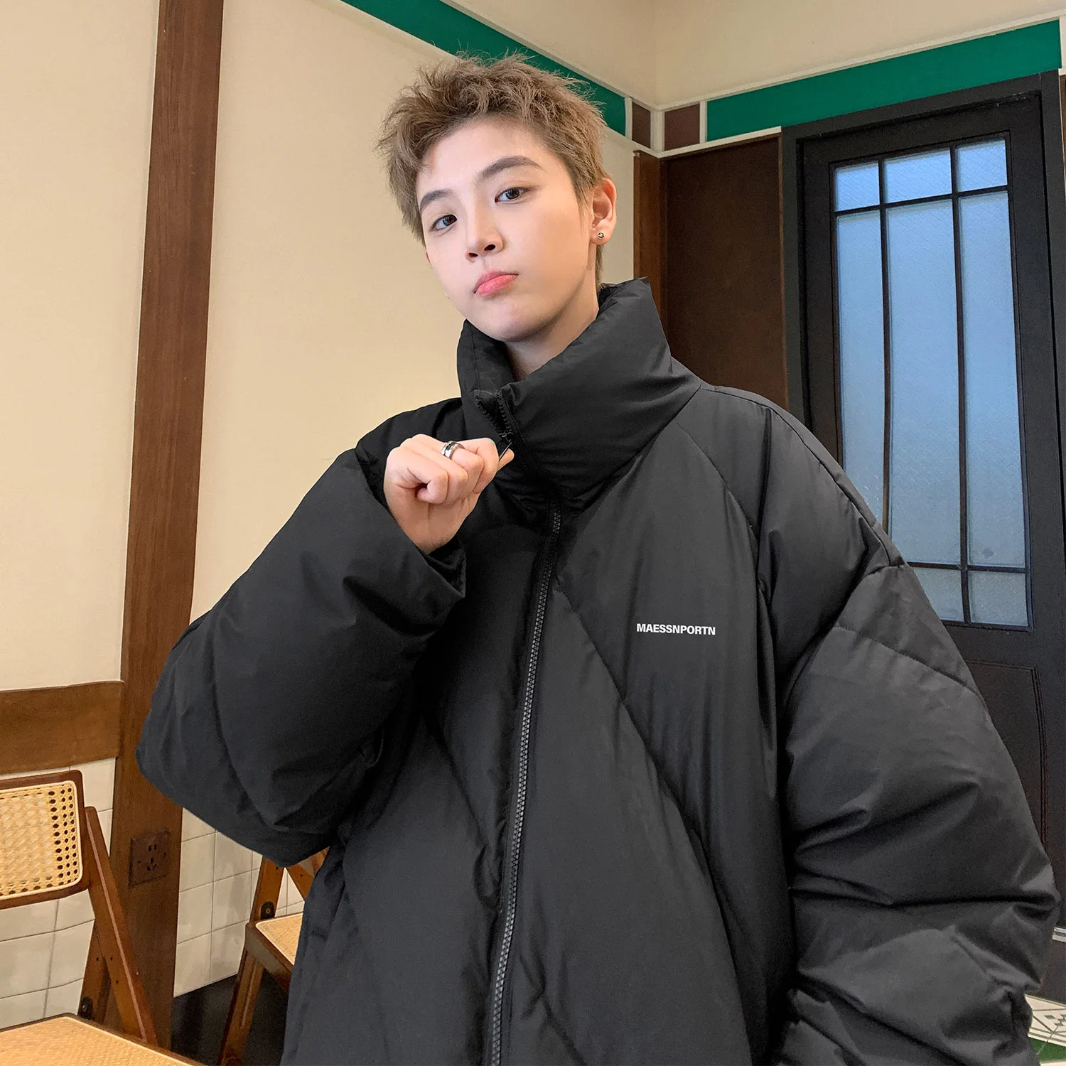 

Men's down Cotton Jaet Thi Warm Stand Collar Winter Coat Sli Trendy Youth Casual Loose Fit Zipper Closure Coat