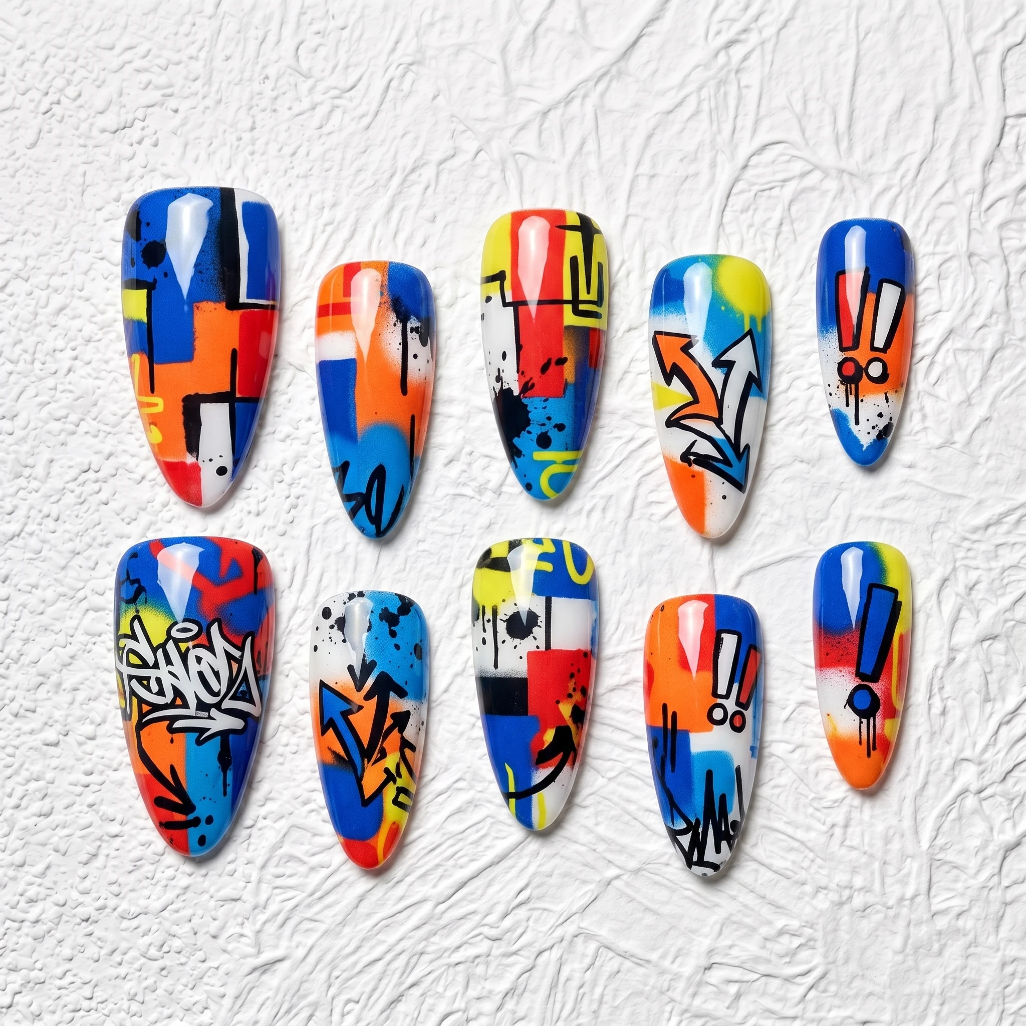Artisan Handcrafted 10PCS Playful Graffiti Stiletto Press-On Nails | Urban Spray Paint, Arrows & Exclamations, Party Wear