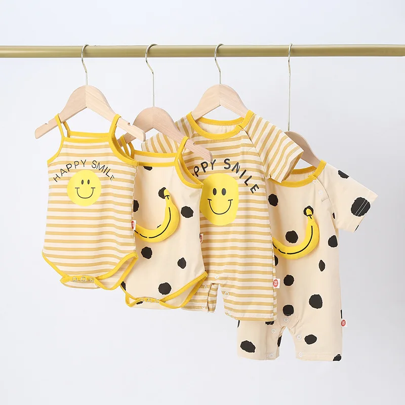 

100% Cotton Newborn Infant Clothes Romper for Boys Girls Banana Onesie Stripe & Smiley Patterns Sleeveless Vest Jumpsuit 0-24M