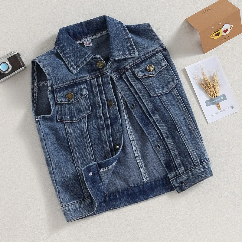 Kids Girl Boy Denim Vest Jacket Spring Autumn Clothes Sleeveless Turn-down Collar Button Closure Vest Casual Jacket Clothing