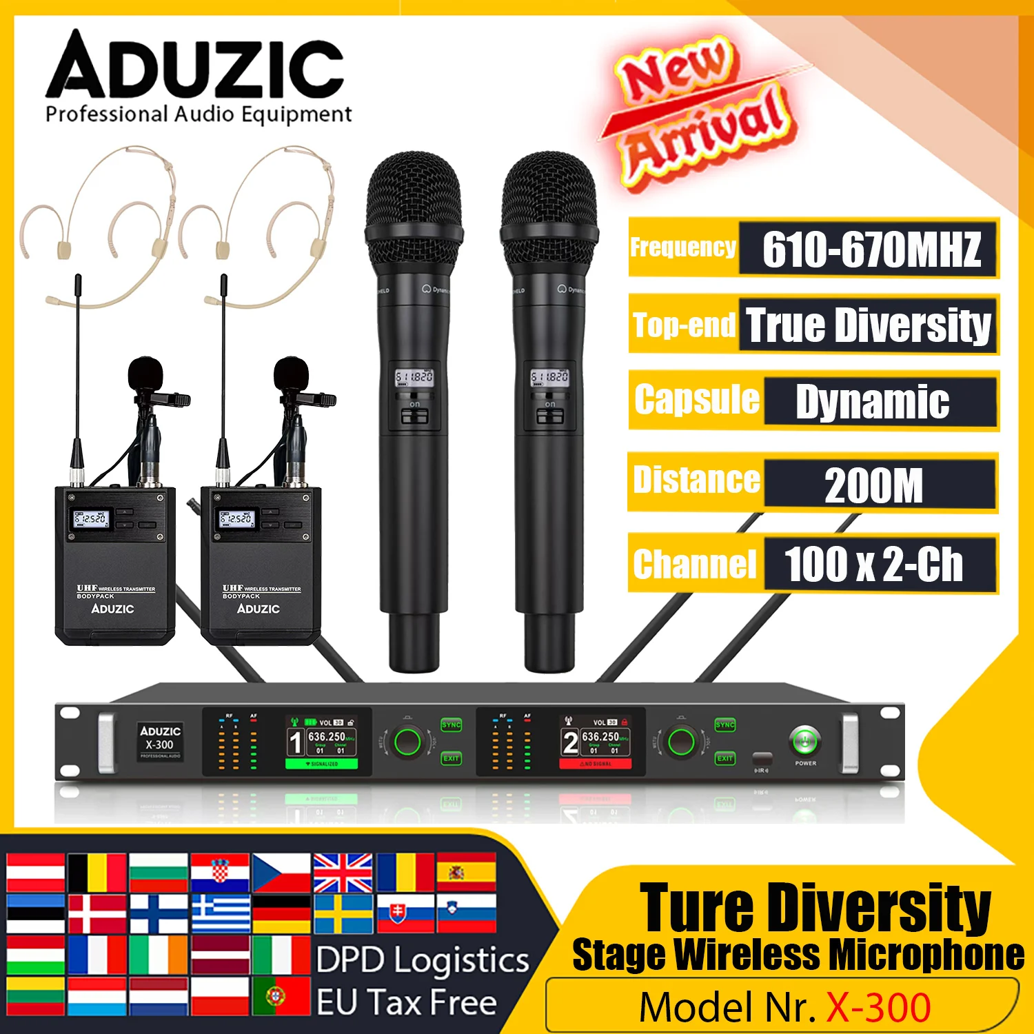 

ADUZIC X300 True Diversity Wireless Microphone UHF 2 Channel Professional Microfon Stage Microfone 600Mhz Hand Mic Headset Lapel