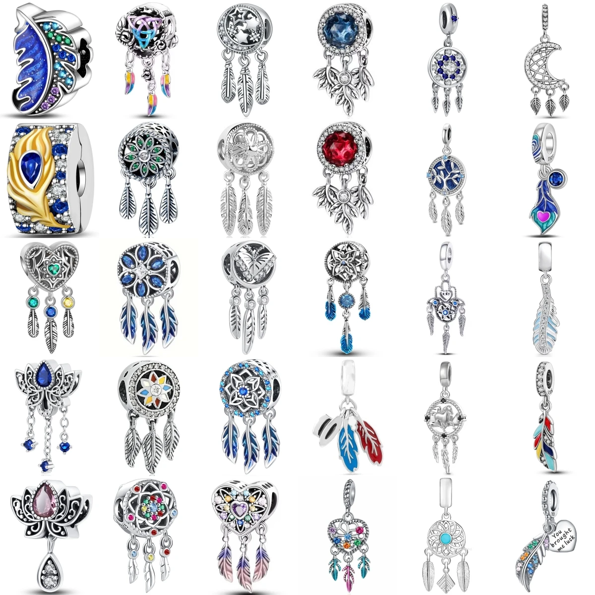 

New Fashion 925 Sterling Silver Blue Charm Dreamcatcher Feather Pendant DIY Fit Original Bracelet Jewelry Women Gift