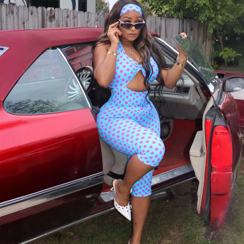 

Polka Dots Print Lace Up Halter Backless Calf Length Jumpsuits with Headband Women Sexy Hollow Knot Padded Peach Hip Overalls