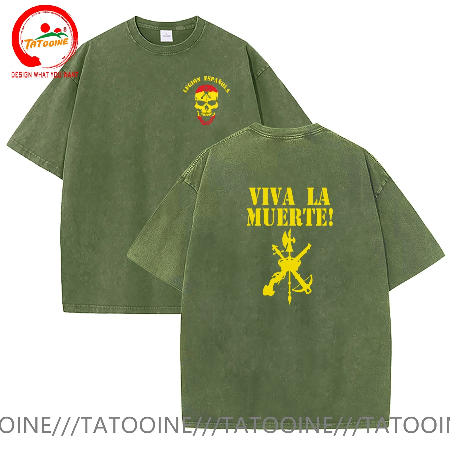 Vintage Washed Cotton T-Shirt Funny Designer Legion Espanola Viva La Muerta. Spanish Foreign Legion T Shirt Men Fashion Trendy
