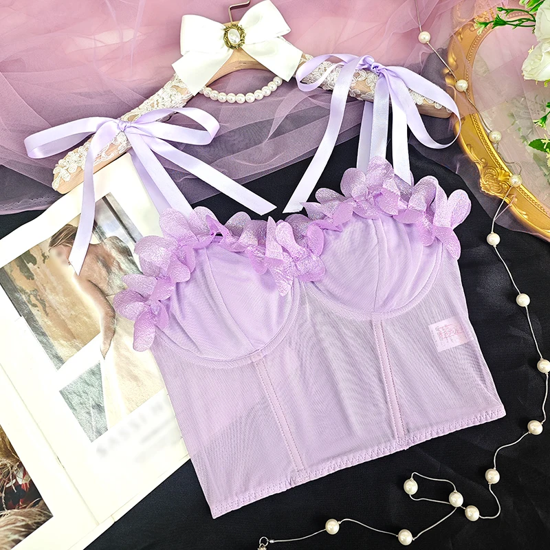 2025, modische neue Damen-Dessous-Kleidung, Spitze, durchsichtig, sexy Comicsole, rückenfrei, Fishbone-Crop-Top, florales Grafik-Neckholder-Korsett