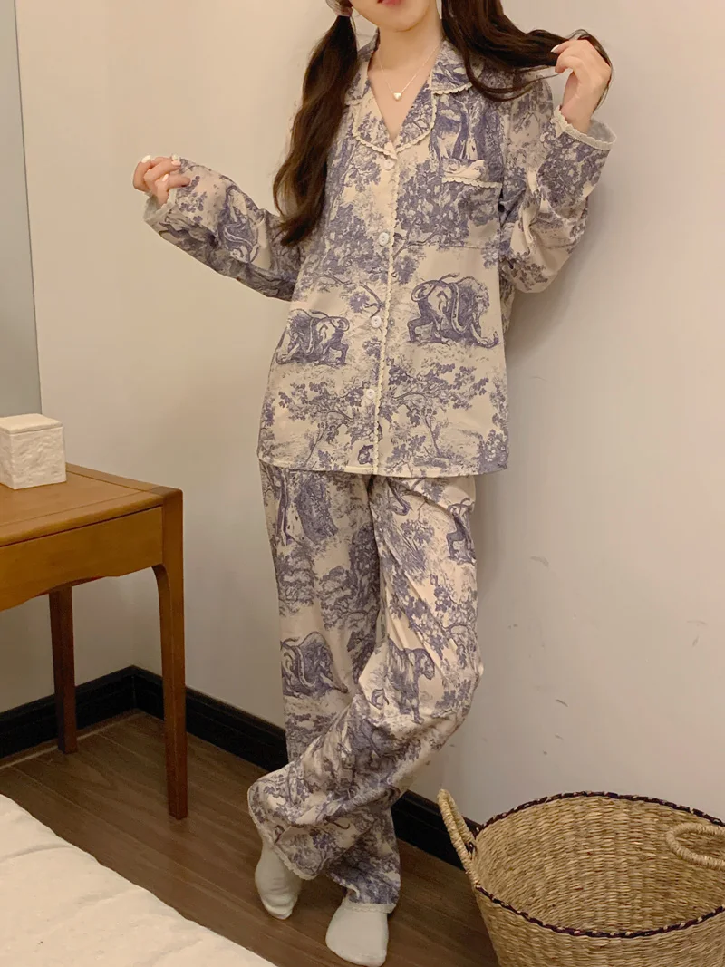 Vintage Totem Pattern Autumn Pajamas Set Women Single Breasted Shirts + Trousers Cotton Casual Sleepwear Lace Elegant Home Suit