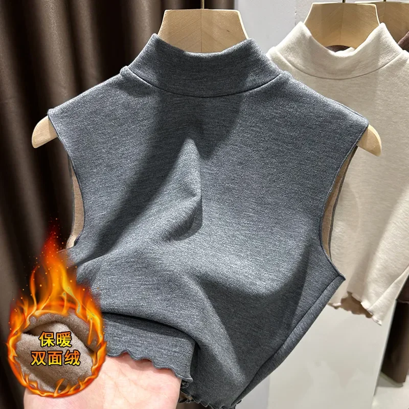 Thick Velvet Sleeveless Vest For Women In Autumn Winter Half Turtleneck Slimming Inner Layer Warm T-shirt Base Layer Top