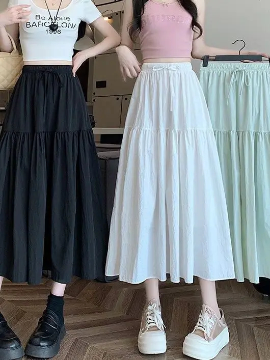 

2026 Summer New Style Casual Pure Color Pleated Midi Skirt Women's Half-length Fairy Skirt Thin Versatile Loose Fit High Waist