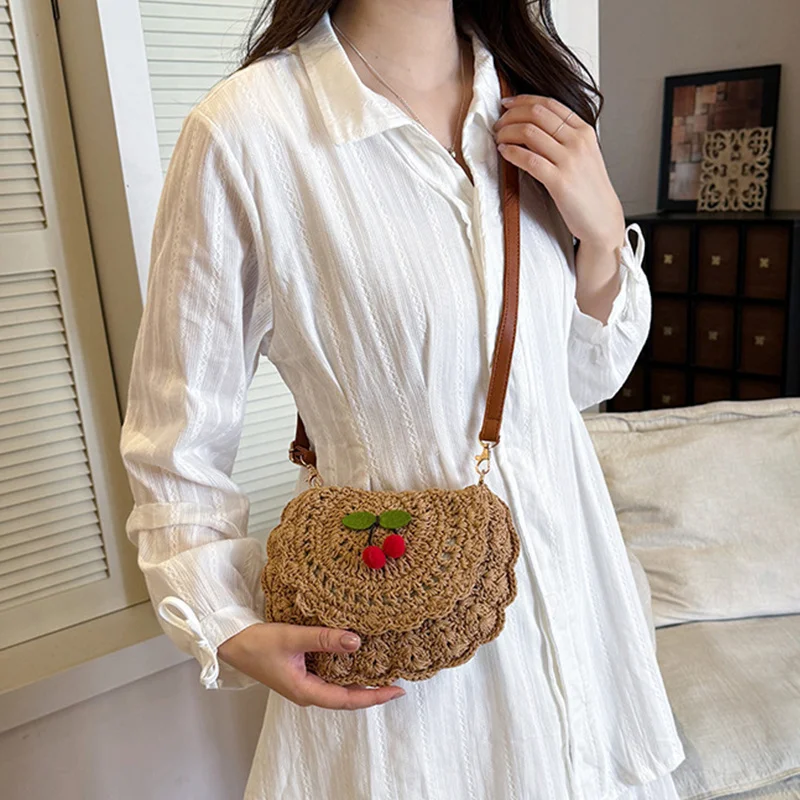 Women Crochet Cherry pendant Shoulder Bag Handmade Knit Woven Beach Crossbody Handbag Satchel Purse for Summer