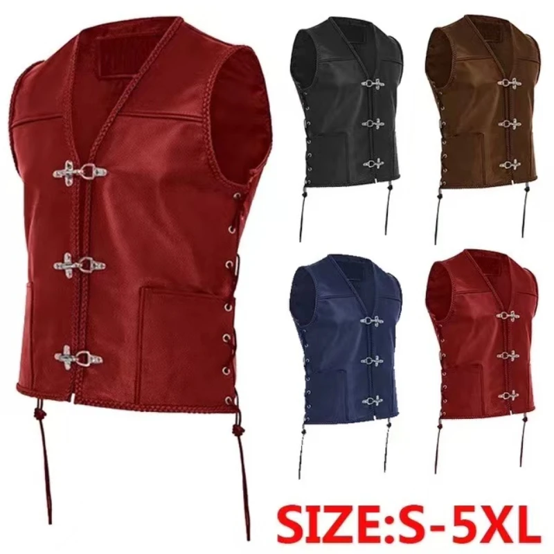 Men's Vintage Leather Vest single breasted sleeveless top punk Medieval Knight vest cycling vest hip hop vest