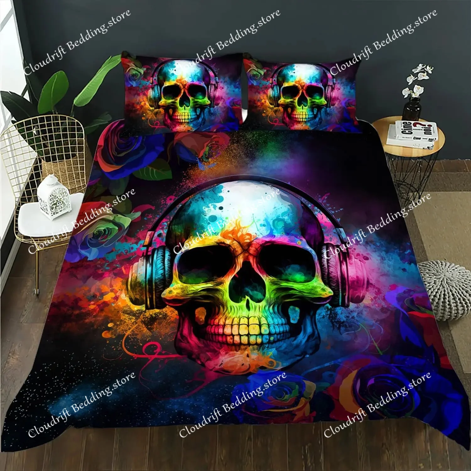 Gothic Skull Duvet Cover Set Queen Size, Black And White Skull Bedding Set For Boys Teens Men, Retro Floral Comforter Covers Set