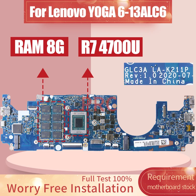 

For Lenovo Y0GA 6-13ALC6 Laptop Motherboard LA-K211P 5B21C41669 5B21C4167 5B21C41675 5B21B22380 R7 4700U 8G Notebook Mainboard