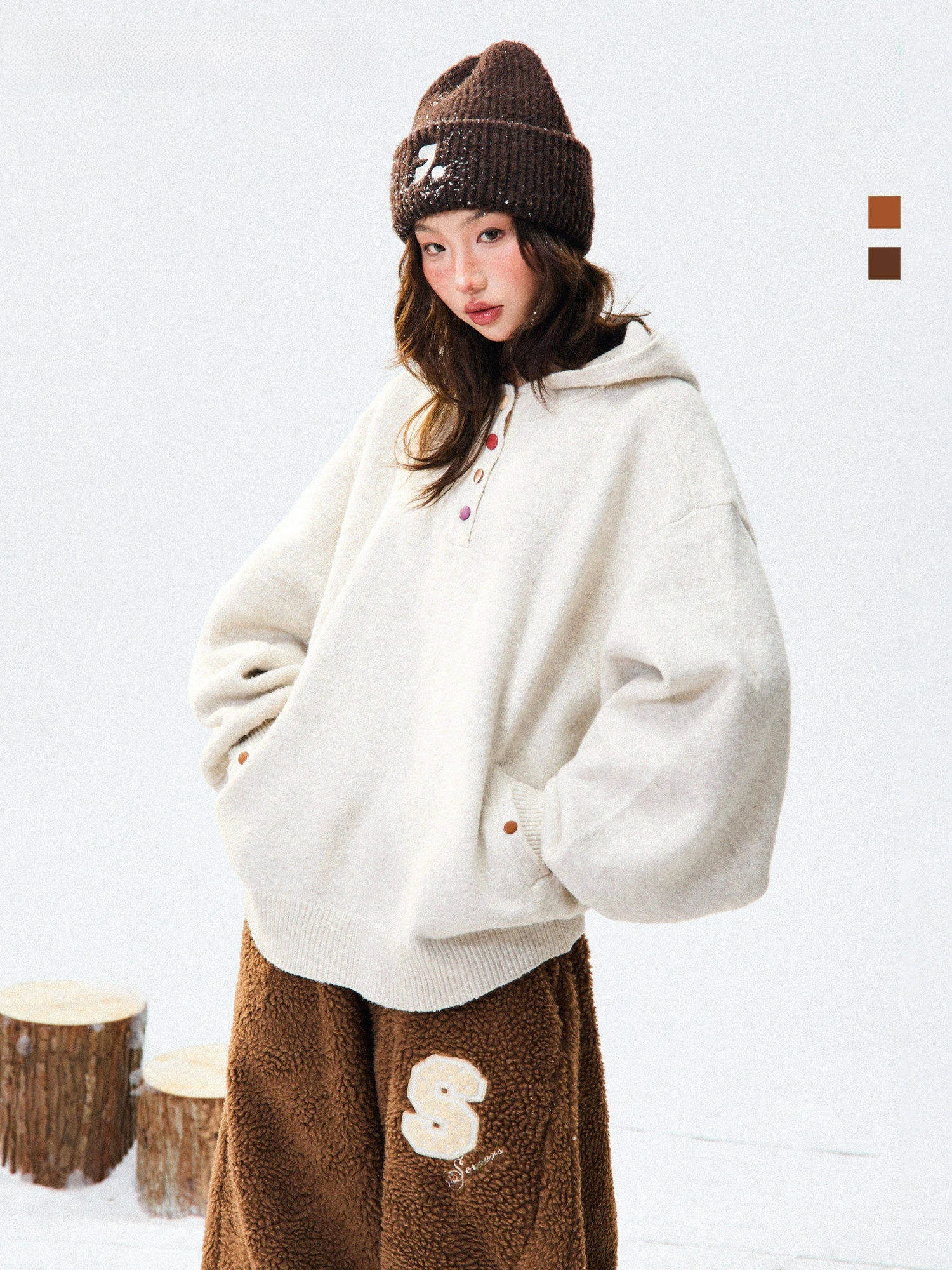 

Young Stage, оригинальный дизайн, свитер с капюшоном, женский зимний внутренний мягкий ленивый вязаный свитер, можно носить на улице Long Sve Regul...