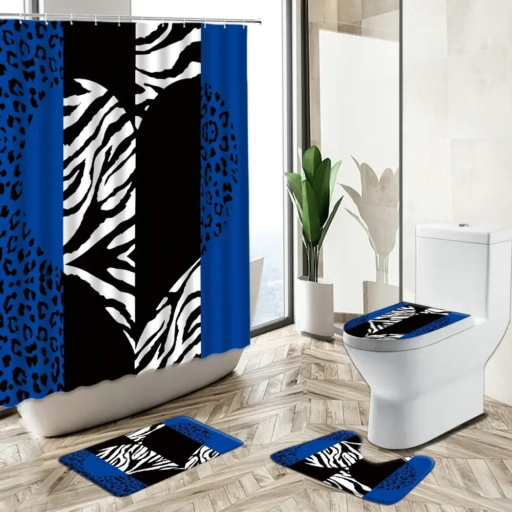 African Leopard Shower Curtain Set Love Geometric Stripes Flower Design Bathroom Decor Non-Slip Carpet Toilet Cover Floor Mat