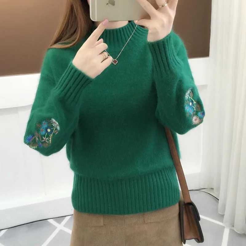 Autumn Winter Women\'s Pullover Round Neck Solid Flower Embroidery Flocking Lantern Long Sleeve Sweater Knitted Casual Tops