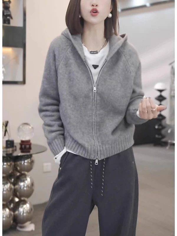 대형 사이즈 지퍼 후드 니트 스웨터 여성 봄 가을 이너웨어 슬림핏 다용도 루즈 아우터웨어 탑