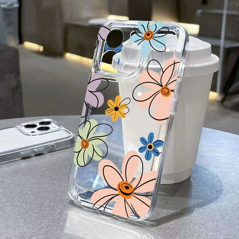 Phone Case For iPhone 16 15 Pro Max 14 13 12 11 XS X XR 7 8 Plus SE2 3  Ins Colorful Sunflower Sky  Pattern Transparent Cover