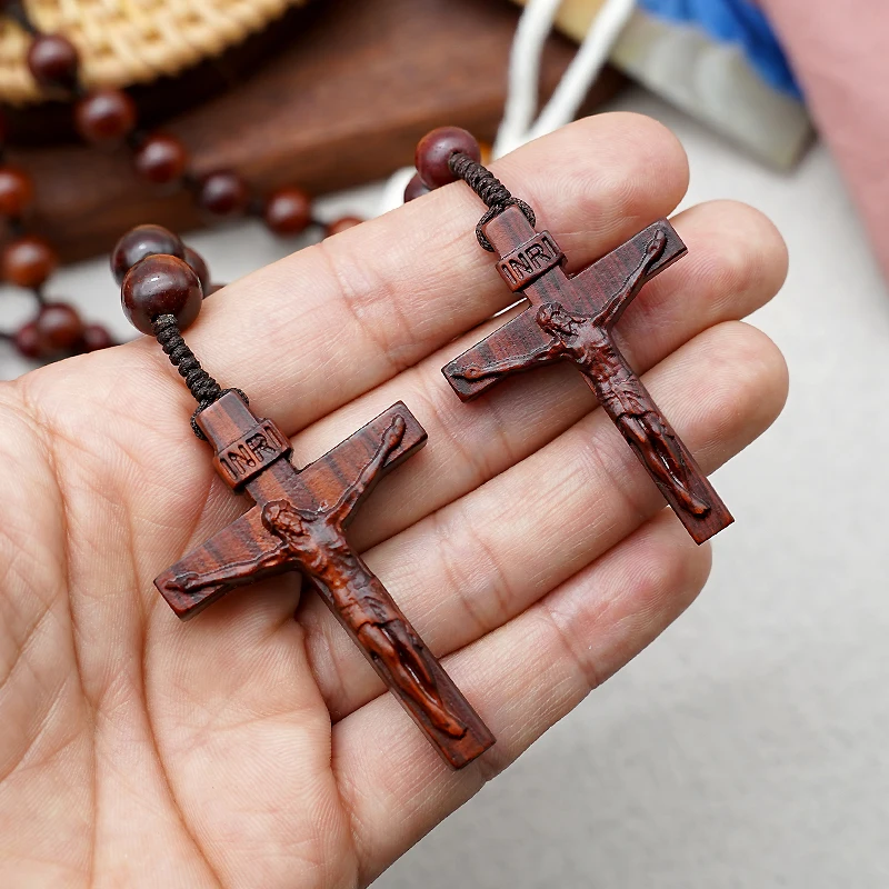 Religion Rosewood Beads Rosary Cross Necklace For Women Men Christian Virgin Mary Cross Wood Pendant Chain Fashion Jewelry 8MM