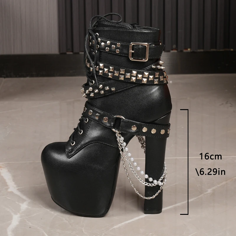 Street Style Black Rivet Chain Platform Ankle Boots Woman 16CM Zipper Chunky Super High Heels Shoes Party Fashion Modern Booties